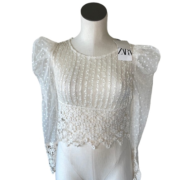 NWT ZARA Dotted Mesh Top/Crocheted hem embellished w/Beading/Pearls Sheer Blouse - Picture 13 of 13